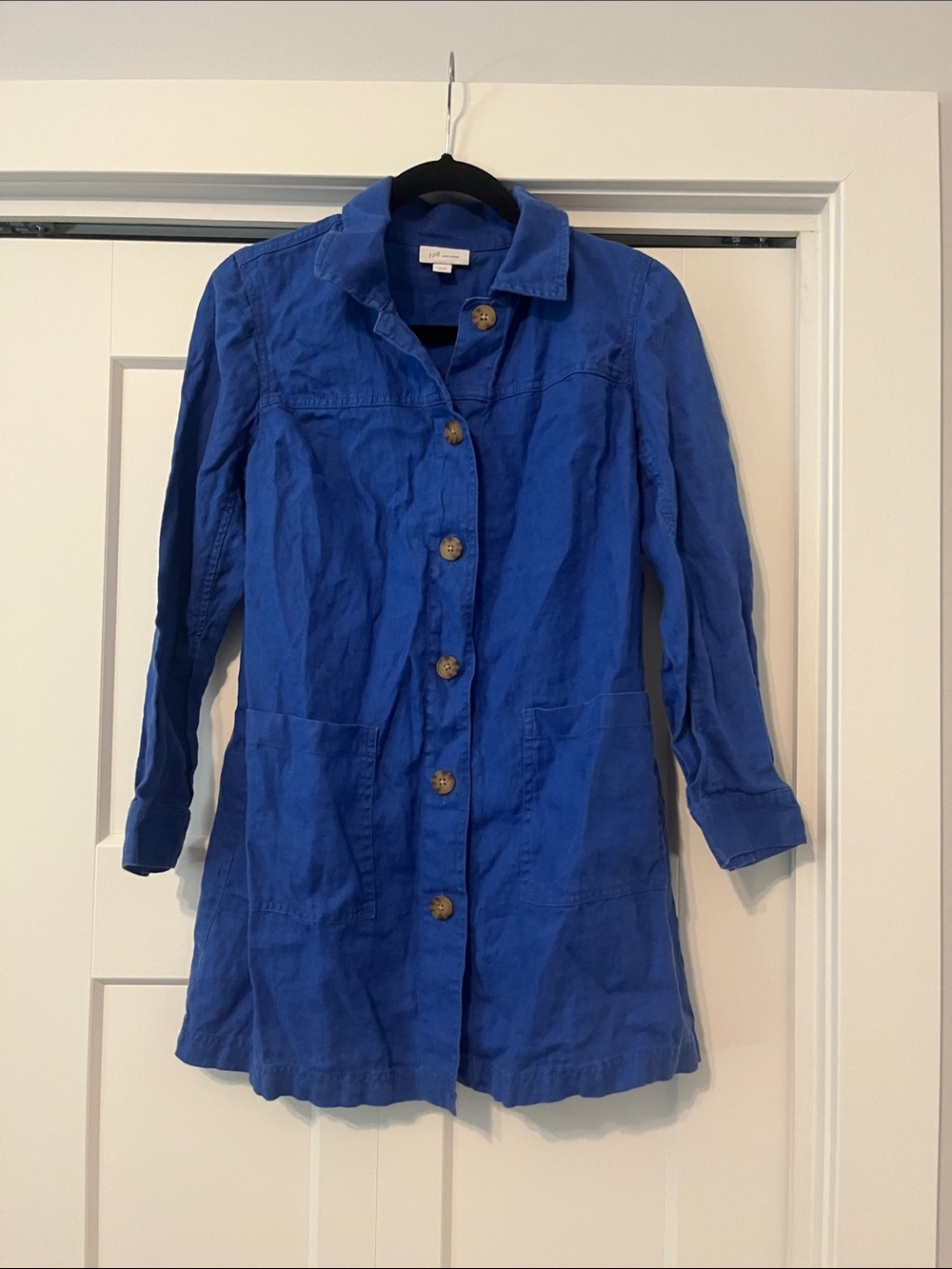 J. Jill Love Linen Cobalt Blue Linen Button Front Duster Jacket Small Petite